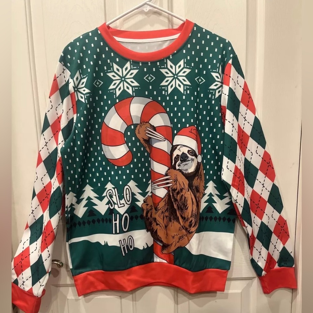 Sloth Slo Ho Ho Ugly Christmas Argyle Long Sleeved Top Shirt Unisex Size M